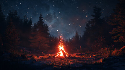 Glowing campfire in the middle of a forest under a starry night sky, perfect for adventure, camping, and outdoor-themed visuals