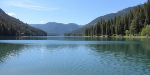 Naklejka premium A peaceful landscape featuring a serene lake surrounded by lush green trees and mountains in the background, relaxation, serene, lake