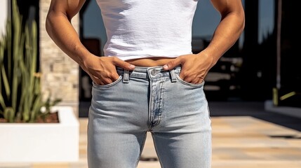 Confident male model posing with hands in pockets urban setting fashion bright environment front view style inspiration