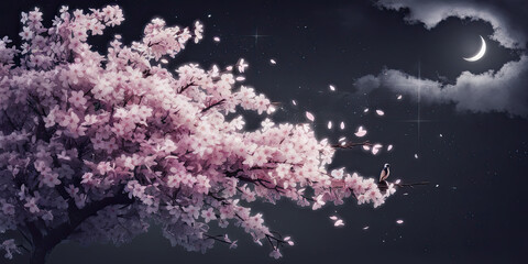 Serene Night Pink Cherry Blossom Tree Moon Stars Bird