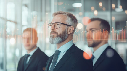 Business professionals in suits with futuristic financial dashboard overlay, showcasing data analysis and growth trends. atmosphere is focused and innovative