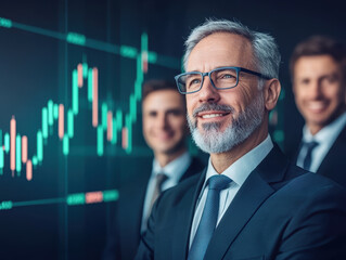 Professional men in suits smiling in front of stock market graph, showcasing confidence and success in business. atmosphere is positive and ambitious