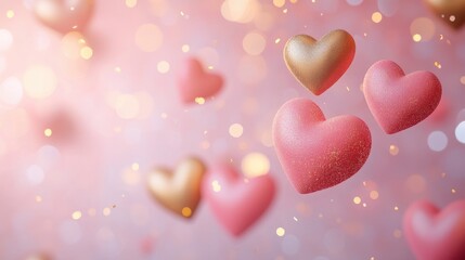 Obraz premium Colorful Hearts Floating in Soft Pink Background with Bokeh Effect
