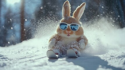 Easter bunny wearing sunglasses, skiing down a snowy slope in a playful and whimsical holiday scenadding a fun twist to the traditional Easter characte