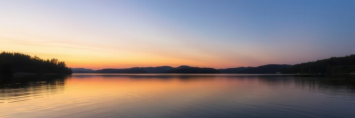 Fototapeta premium A stunning sunset over a peaceful lake surrounded by lush green trees and reflected in the calm waters, dusk, landscape, reflection