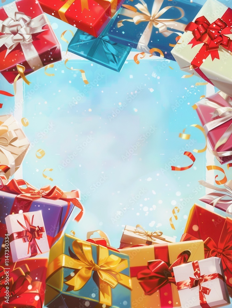 Aufkleber colorful and festive greeting card design with vibrant gift boxes and blank space for personalized m