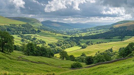 Obraz premium Scenic rolling hills under partly cloudy skies nature landscape green valley serenity aerial view tranquil beauty