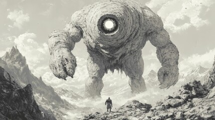 Monstrous stone giant looms over a tiny figure in a