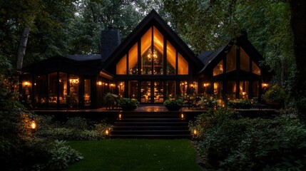 Obraz premium Illuminated A-frame house at night.