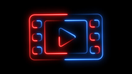 Neon, Glowing video play icon on black background.