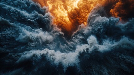 Fototapeta premium A dramatic scene of turbulent ocean waves illuminated by an intense orange glow, creating a striking contrast between water and light.