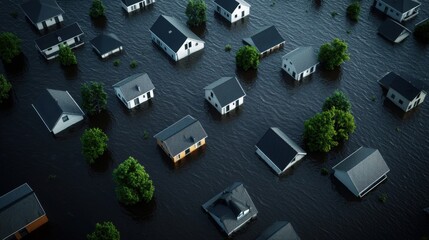 Aerial view of homes submerged in floodwaters, surrounded by trees, depicting the impact of severe flooding on residential areas.