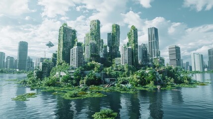 Fototapeta premium Overgrown futuristic city island in flooded waters.