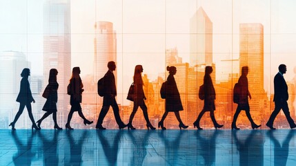 Obraz premium Silhouettes of people walking against a city skyline, symbolizing movement, progress, and urban life.