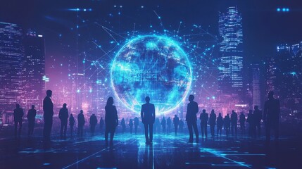 A futuristic scene featuring silhouetted figures against a vibrant digital globe, symbolizing global connectivity and technology.