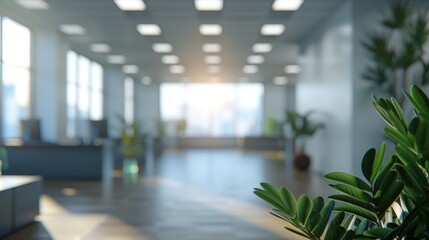 Sunlit modern office interior with plants.
