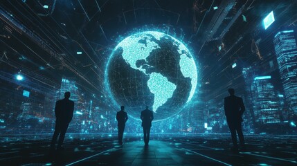 A futuristic scene showing silhouettes of people observing a glowing, digital representation of Earth against a backdrop of a high-tech cityscape.