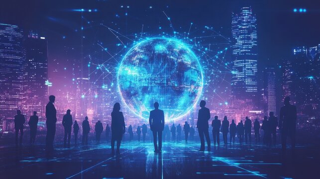 A futuristic scene featuring silhouetted figures against a vibrant digital globe, symbolizing global connectivity and technology.