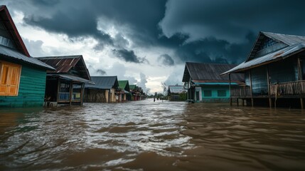 Fototapeta premium A flooded village with submerged houses under a moody sky, depicting the impact of heavy rain and rising water levels.