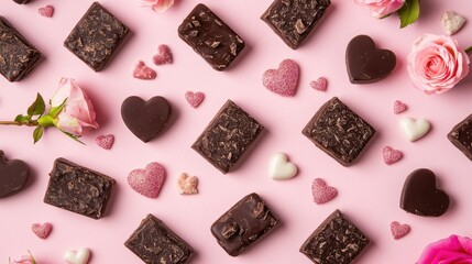 Assorted Chocolates and Hearts on Pink Background for Celebrations