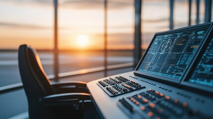 A modern control panel with screens displaying data, set against a sunset view through large windows, creating an inspiring tech ambiance.