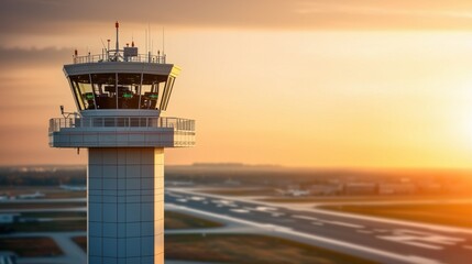 A stunning sunset illuminates an airport control tower, showcasing modern architecture and the busy atmosphere of air travel.