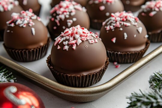 Chocolate peppermint hot cocoa bombs topped with crushed candy cane