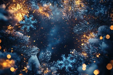 Fototapeta premium Enchanting Christmas Frame with Snowflakes and Sparkling Lights Capturing the Magic of the Holiday Season in a Cyberpunk Aesthetic