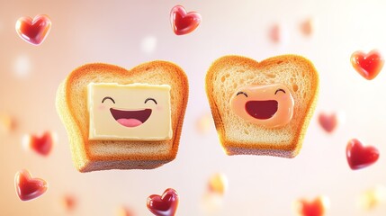 Adorable happy toast and butter duo illustration with cheerful smiling faces, surrounded by heart-shaped jam drops on a warm light gradient background.
