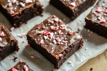 Chocolate brownies with crushed peppermint topping on parchment paper