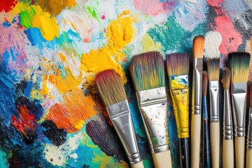 Colorful artist brushes and vibrant paints arranged on a textured canvas with open space for creativity. Generative AI
