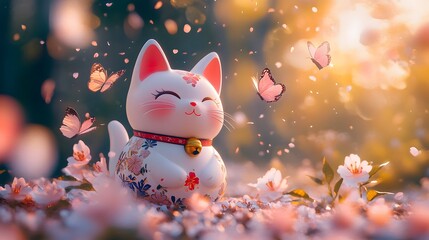 Obraz premium Adorable Maneki-neko Surrounded by Cherry Blossoms