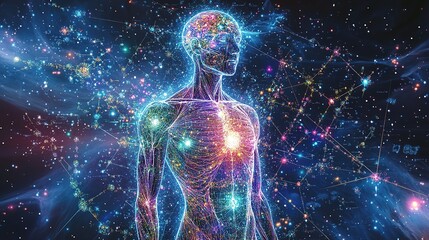 A human body adorned with intricate zodiac symbols, each sign vividly represented in vibrant colors and celestial motifs. An ethereal glow surrounds the figure, set against a cosmic background filled 