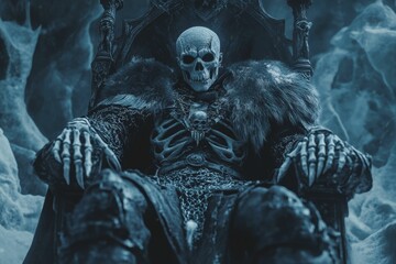 Skeletal figure sits throne, icy, dark, fur.