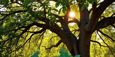 Sunlight filtering through the dense green leaves of an ancient oak tree in the early morning, casting a warm glow on the foliage below, nature, outdoor, organic