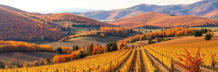 Vivid image of Alella vineyards in autumn showcasing lush grapevines in various hues of red and orange with a backdrop of rolling hills, picturesque, landscape, scenic