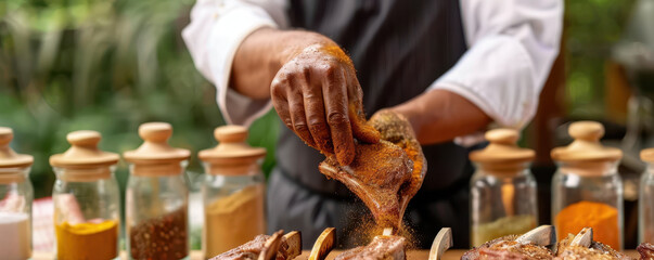 chef skillfully applies spices to meat, showcasing culinary expertise