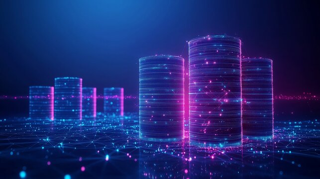 Low Poly Wireframe Database Structure with Stacked Cylinders and Glowing Lines on Dark Blue Background, Representing Data Storage and Information Flow in a Modern Digital Setup