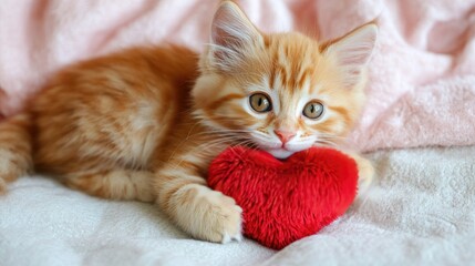 Cute Ginger Kitten Cuddling a Red Heart-Shaped Plush Toy