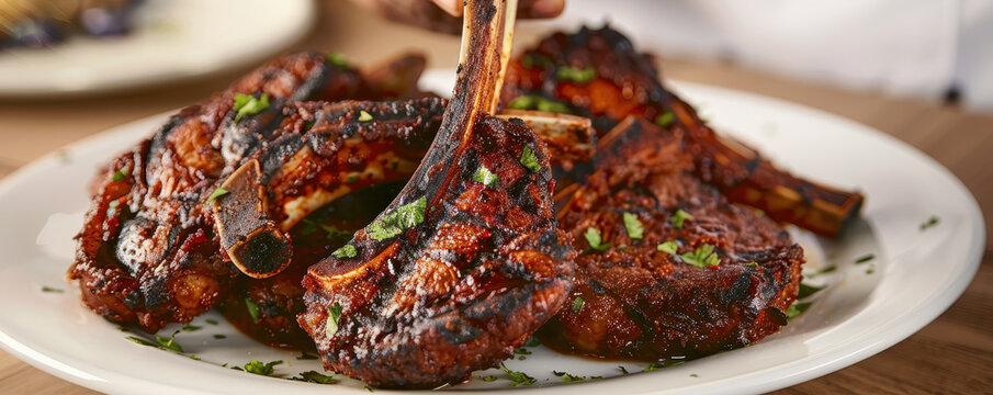 Delicious tandoori lamb chops served on white plate, garnished with herbs