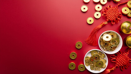 Traditional Chinese knots, golden coins, and vibrant red decorations create festive flat lay. This arrangement symbolizes prosperity and good fortune, perfect for celebrations