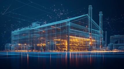 Modern wireframe design of a port warehouse with organized geometric shapes, isolated on a dark blue background, symbolizing efficiency and industrial storage.