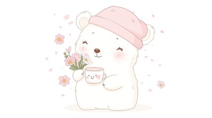 A cute little white bear wearing a light pink plush bear head hat, dressed in adorable clothes. The bear displays a variety of facial expressions and postures, such as blinking, shyness, and cuteness,