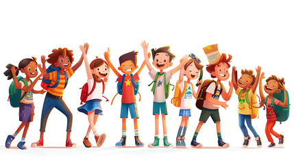 Joyful Group of Diverse Children Celebrating Together in a Colorful, Animated Style, Showcasing Friendship and Happiness in an Outdoor Setting