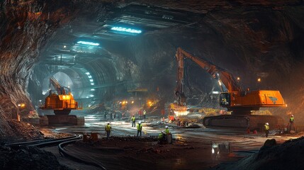 Underground tunnel construction site with excavators and workers.