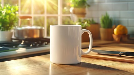 Obraz premium White Mug in a Professional Kitchen with Morning Sunlight. Generative AI