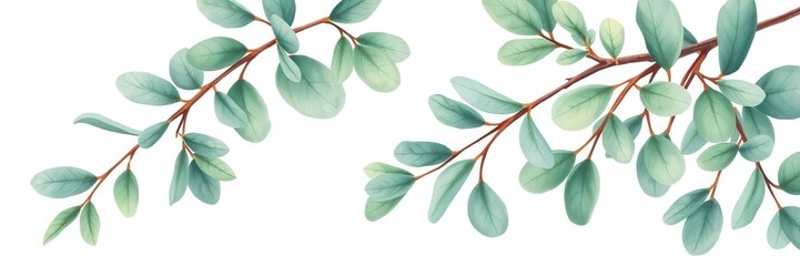 Obraz premium Watercolor illustration of green eucalyptus leaves and branches on white background, white background, illustration, eucalyptus