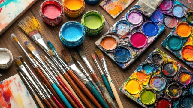 Explore creativity with vibrant artist brushes, colorful paints, and canvases on a wooden table in a bright studio environment. Generative AI - Powered by Adobe