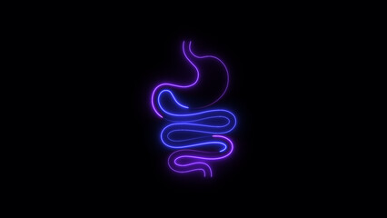 Neon, Glowing Stomach icon on black background. Gastroenterology Line Icon.