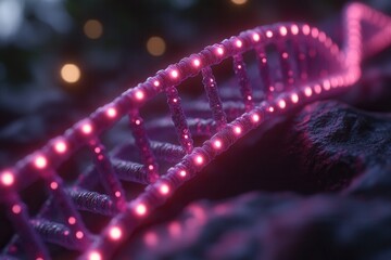Obraz premium A glowing, abstract representation of a DNA strand with vibrant lights.